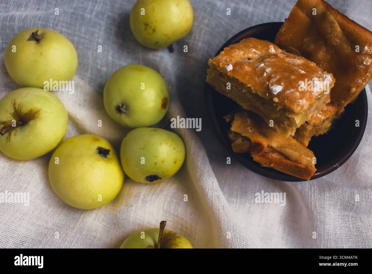 Apfelkuchen mit Puderzucker und grünen Äpfeln. Herbstdessert. Hausgemachtes Dessert. Apfelkuchen mit Zimt und frischen Apfelfrüchten. Stillleben auf dem Land. Stockfoto