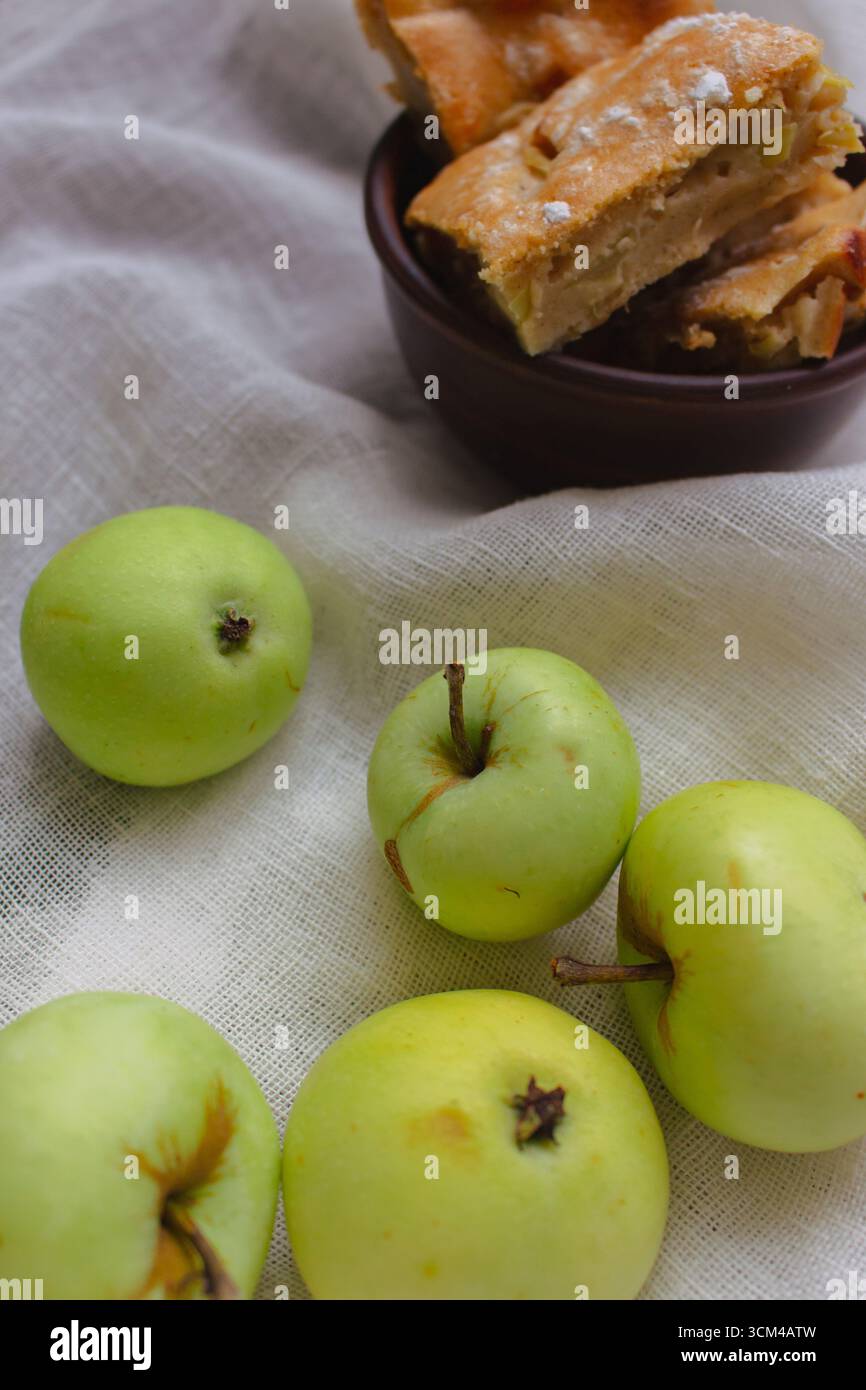 Apfelkuchen mit Puderzucker und grünen Äpfeln. Herbstdessert. Hausgemachtes Dessert. Apfelkuchen mit Zimt und frischen Apfelfrüchten. Stillleben auf dem Land. Stockfoto