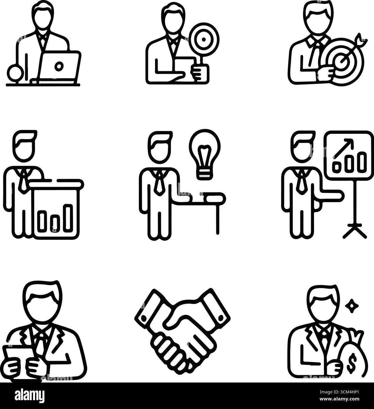 Geschäftsmann skizziert Symbole in handgezeichneten Illustrationen mit Unternehmenspräsentation, Strategie und Geschäftsabschluss Stock Vektor