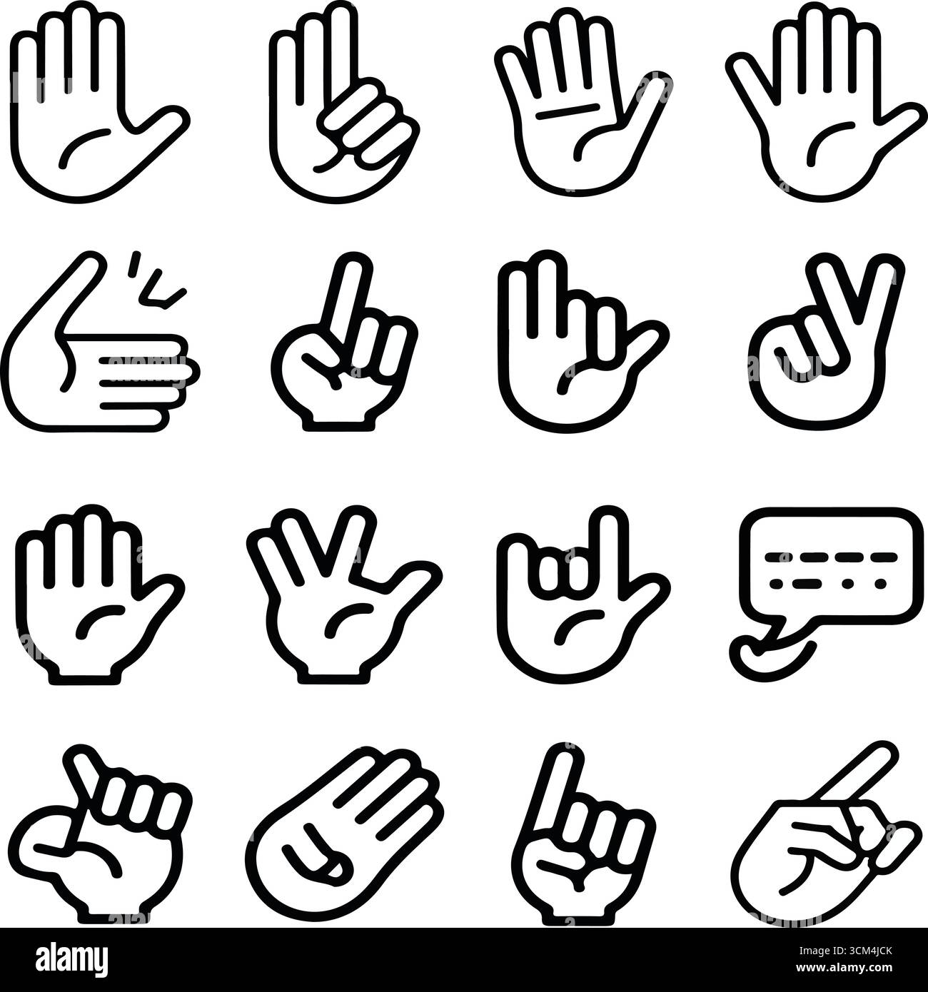 Schwarz-weiße Symbole für Handgesten in Zeichensprache in handgezeichneten Illustrationen Stock Vektor