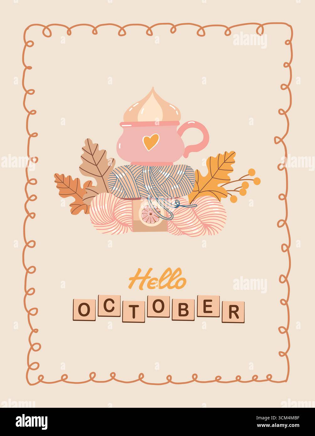 Gemütliche Herbsttagskarte mit der Aufschrift Hello October. Herbstvorlage. Becher, Garn, Herbstblätter. Skurriler Rahmen. Vektorillustration in Pastelltönen. Stock Vektor