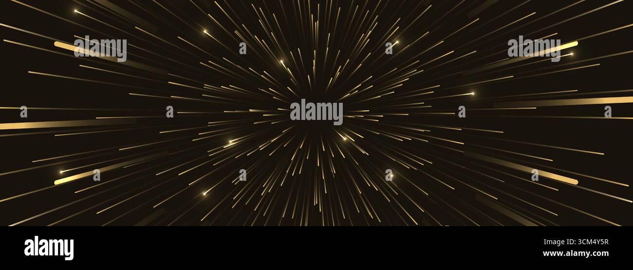 Schwarz-goldene Geschwindigkeitslichter abstrakter Hintergrund reisen durch Zeit und Raum. Feuerwerk und glitzernde Lichter. Schnelle Bewegung Hypergeschwindigkeit Stock Vektor