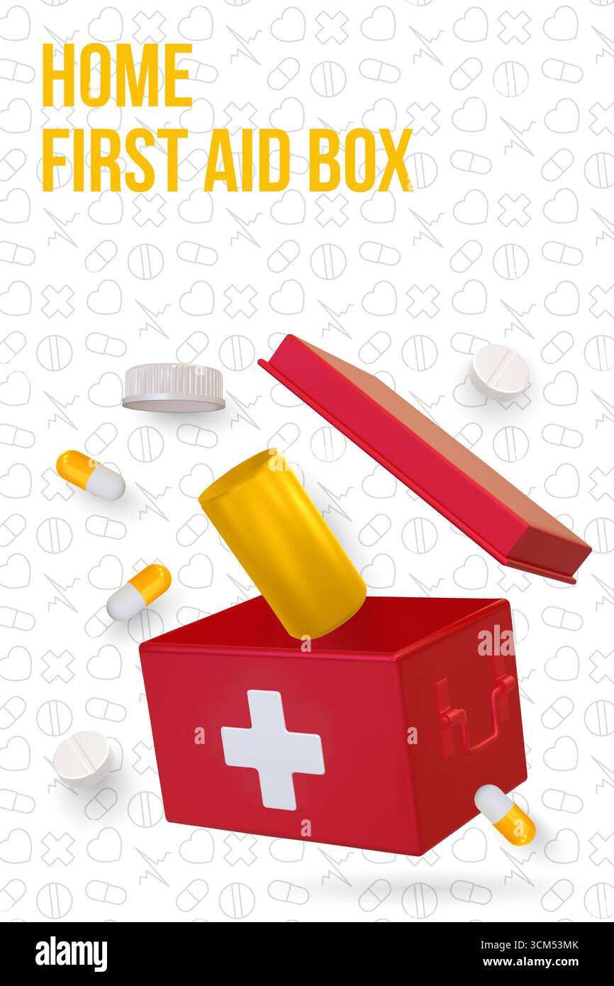 Realistisches Poster, Bannerschablone mit erste-Hilfe-Box zu Hause mit Pillen, Kapseln und Medikamentabletten – Medical Emergency Kit. Vektorabbildung Stock Vektor
