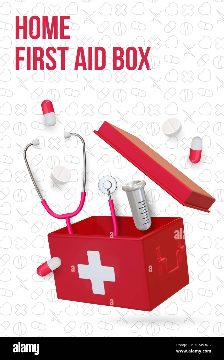 Realistisches Poster, Bannerschablone mit erste-Hilfe-Box zu Hause mit Pillen, Kapseln und Medikamentabletten – Medical Emergency Kit. Vektorabbildung. Stock Vektor