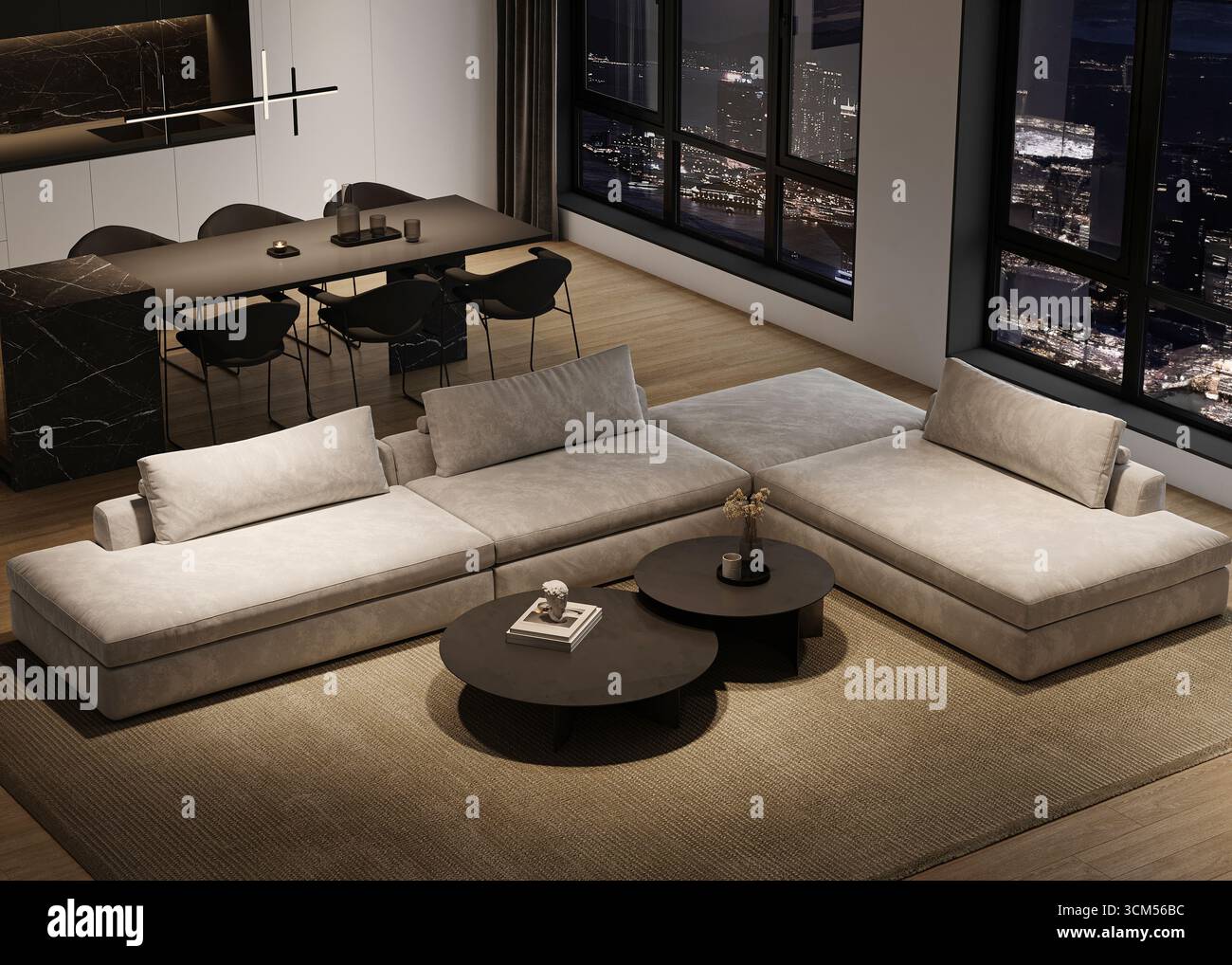 Modernes, minimalistisches Wohnzimmer mit großem modularem Sofa, Blick auf die Stadt und Marmorküche. 3D-Rendering. Hochwertige 3D-Illustration Stockfoto