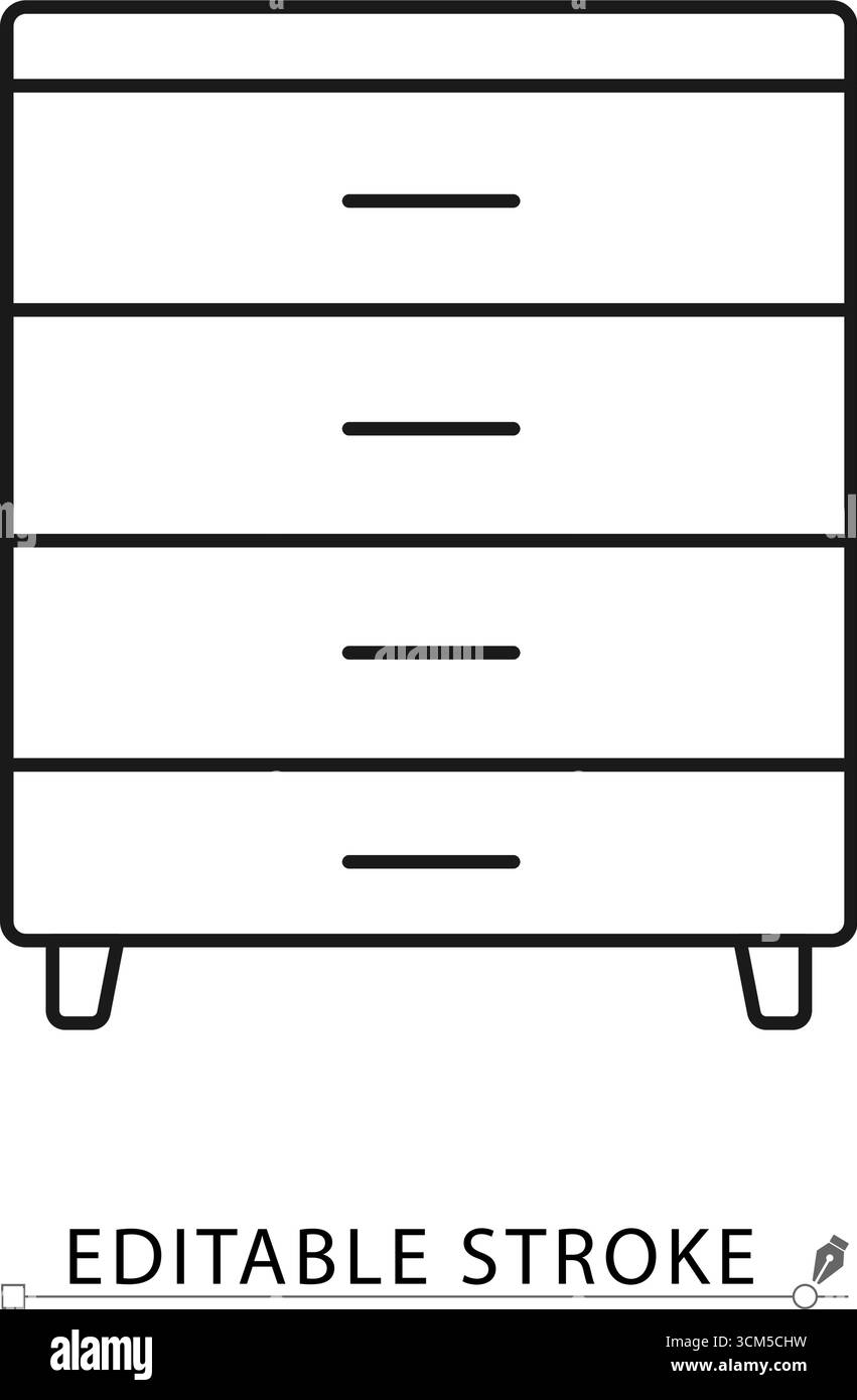 Das Symbol der Kommode im minimalistischen Stil mit bearbeitbarem Kontur. Schlafzimmermöbel, Haushaltsgegenstände, Inneneinrichtung, Holz Stock Vektor