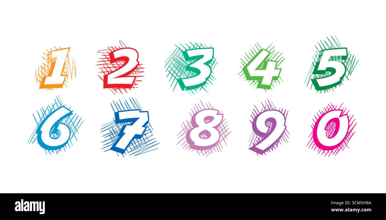 Zahlen 0-9 auf Handkritzeleien. 0-9 Zahlen für Bildungs-, Geschäfts-, Universität- und Akademiebilder Stockfoto
