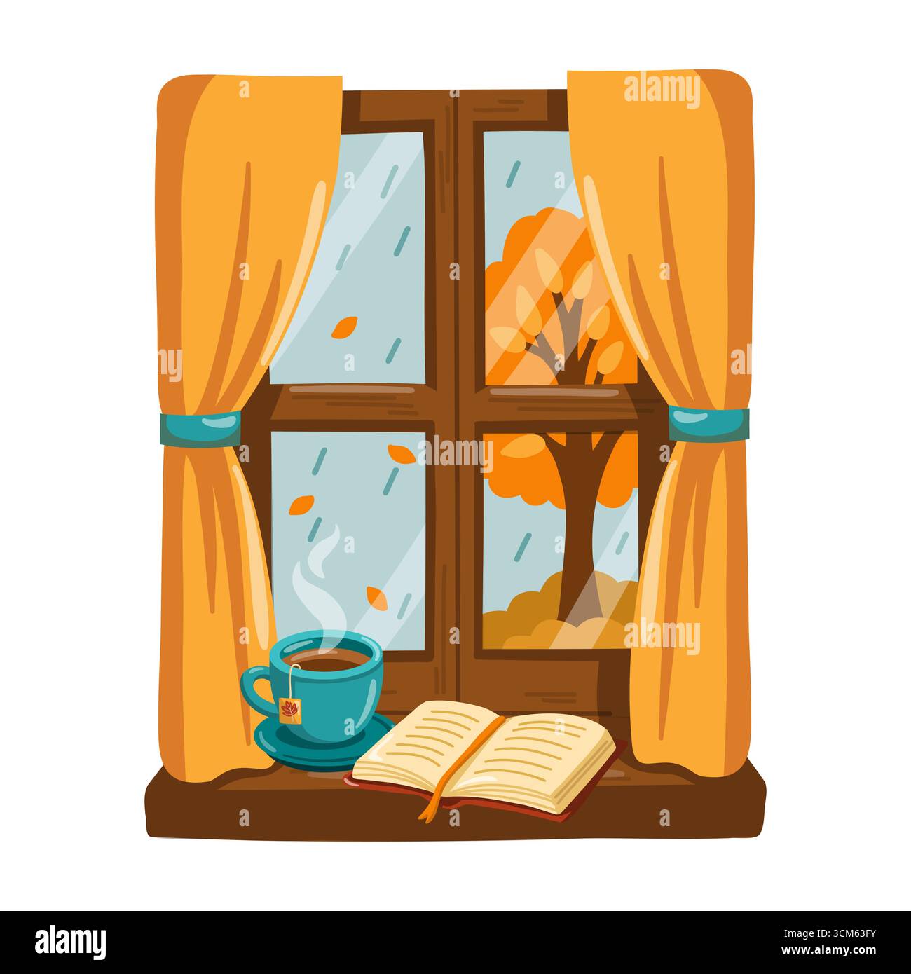 Herbstfenster mit Vorhängen, Teetasse und offenem Buch. Karikaturvektor isolierte Illustration auf weißem Hintergrund. Stock Vektor