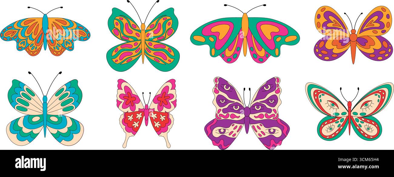 Grooviger Retro Butterfly Set Cartoon Stock Vektor