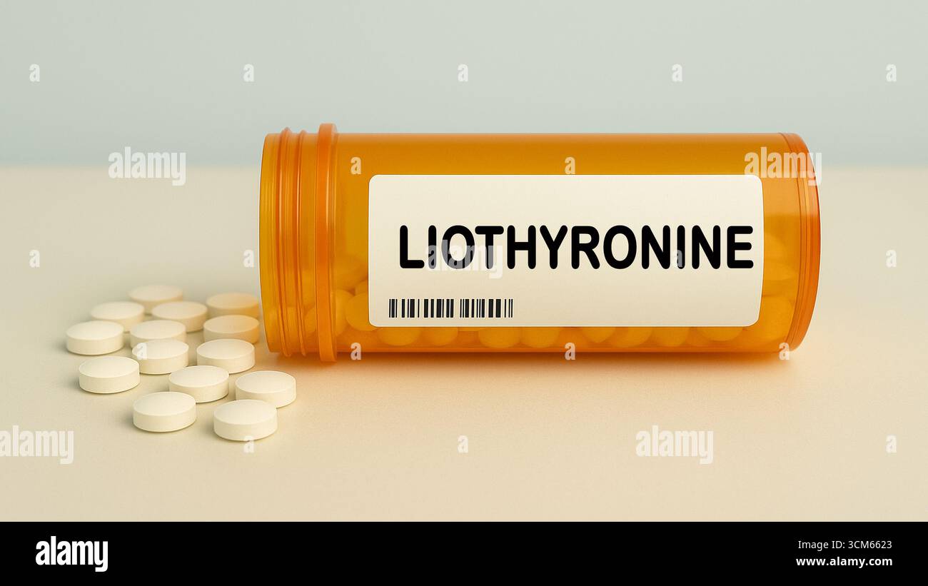 Schachtel LIOTHYRONINE Tabletten auf einem Krankenhaus Apothekentisch verwendet, um Hypothyreose eine Schilddrüsenhormonersatz zu behandeln. Stockfoto