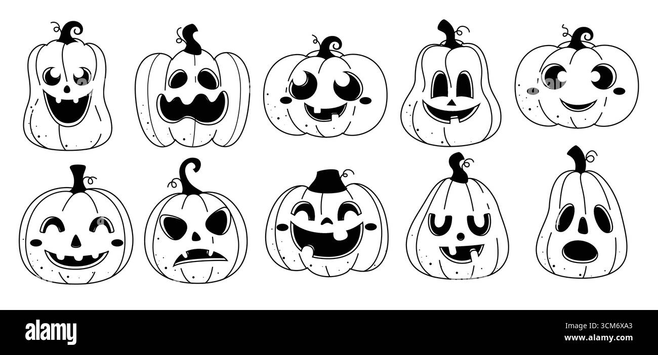 Clipart-Set für Kürbis-Kontur-Zeichnung. Halloween-Kürbisse-Ikonen-Clips in einer schwarz-weißen Kollektion mit süßen, gruseligen und lustigen Figuren Stock Vektor