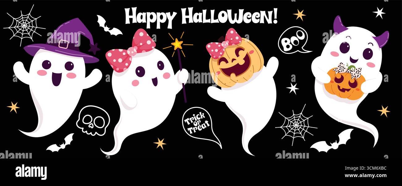 Geister niedliches Halloween Clipart Set. Geister-niedliche Charakter-Clip-Art-Sammlung mit Maskottchen Kürbis, Hut und Band Kostüm auf schwarzem Doodle-Hintergrund Stock Vektor