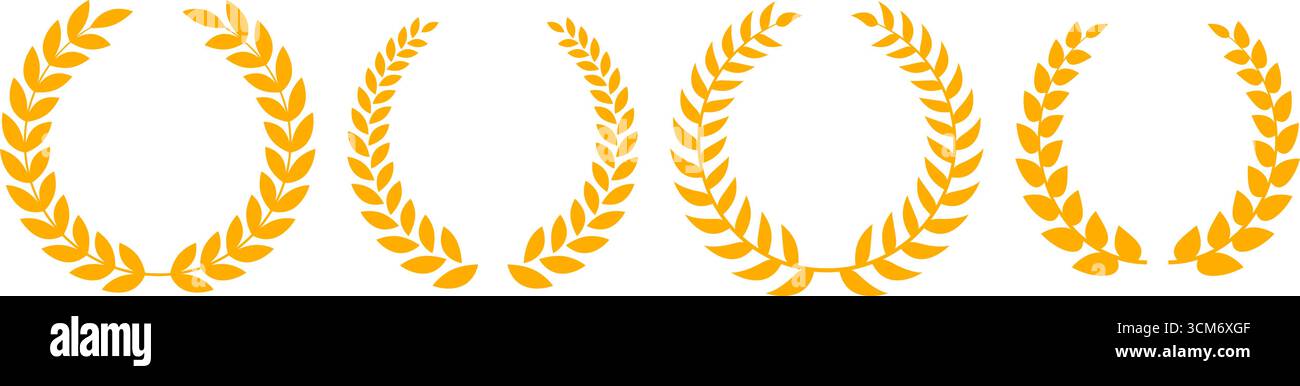 Goldene Lorbeerkranz-Kollektion. Goldener Kreis-Gewinner-Trophäen-Dekor-Elemente für Award-Banner, Emblem, Logo, Abzeichen. Retro-griechisches Triumph-Ornament-Paket. Vektor Vintage runde Zweige mit Olivenblättern Set Stock Vektor