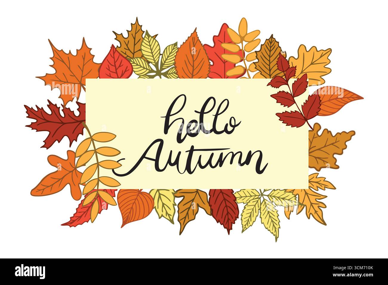 Dekorative Illustration mit „Hello Herbsttext“, eingerahmt von einem lebhaften Rand aus verschiedenen handgezeichneten bunten Herbstblättern, die an ein gemütliches, saisonales gre erinnern Stock Vektor