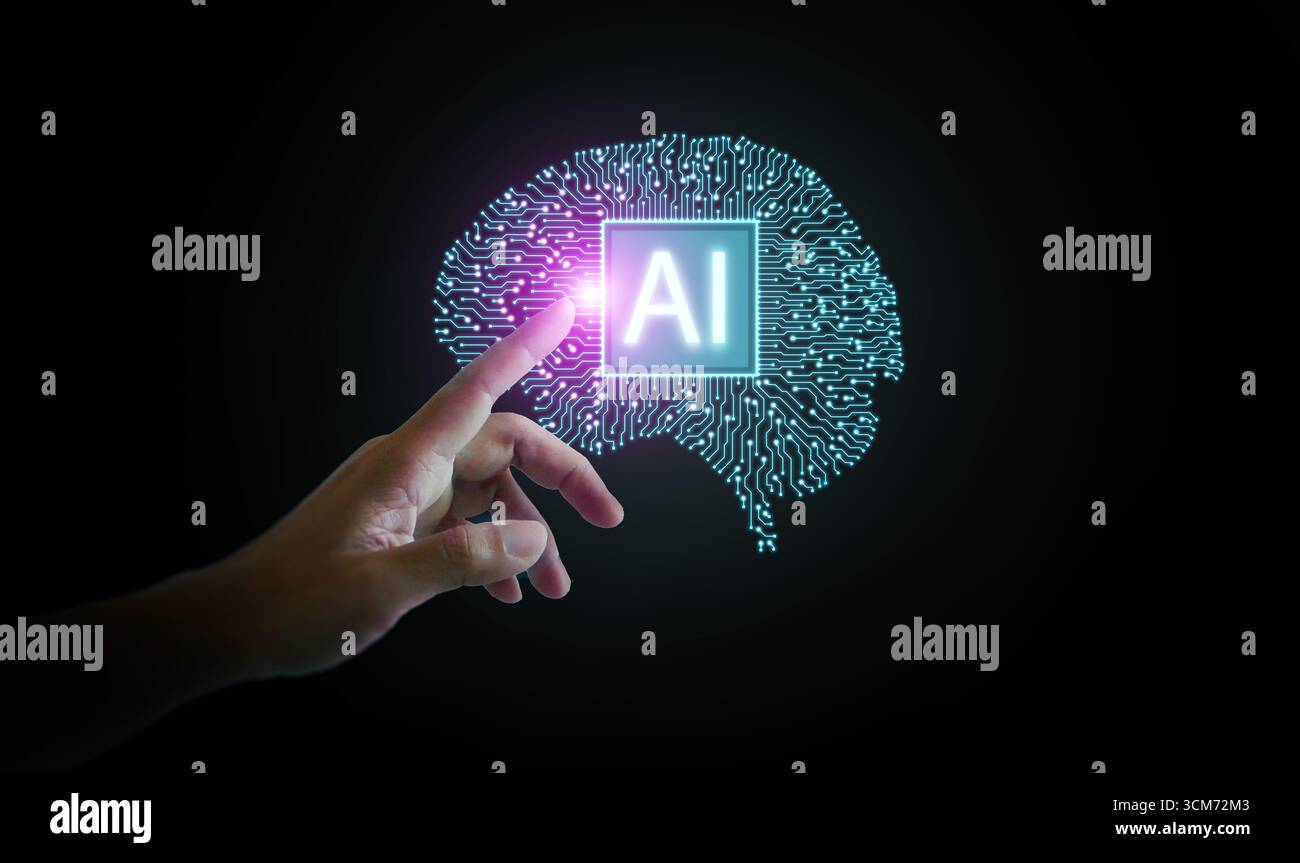 Futuristisches Konzept künstlicher Intelligenz mit menschlichem Finger, der auf ein leuchtendes digitales Gehirn-Hologramm zeigt, das Deep Learning, Automation und symbolisiert Stockfoto