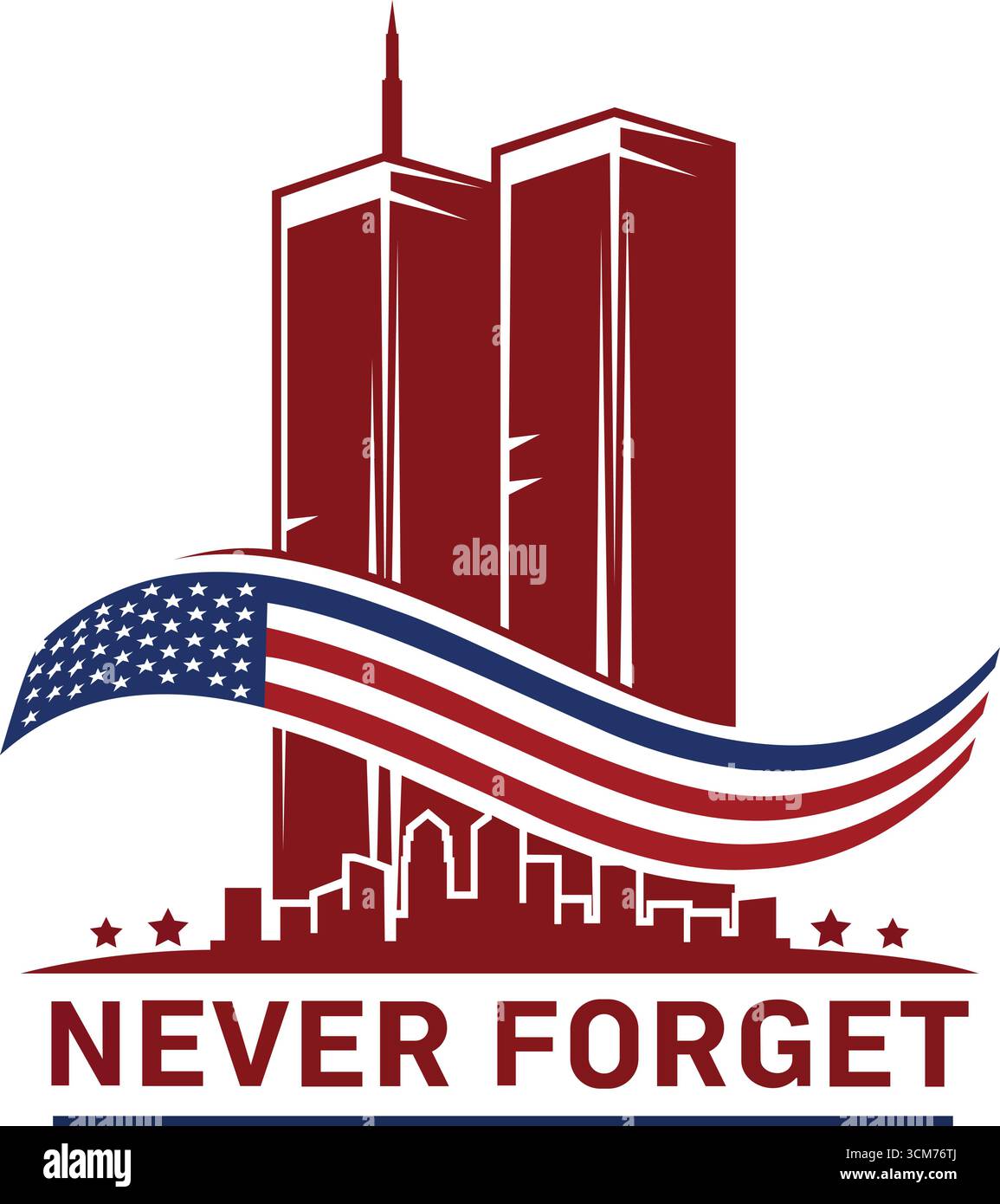 Diese kraftvolle Illustration zeigt die legendären Twin Towers mit einer fließenden amerikanischen Flagge, die in das Design integriert ist. Der Text „NIE VERGESSEN“ betont Stock Vektor