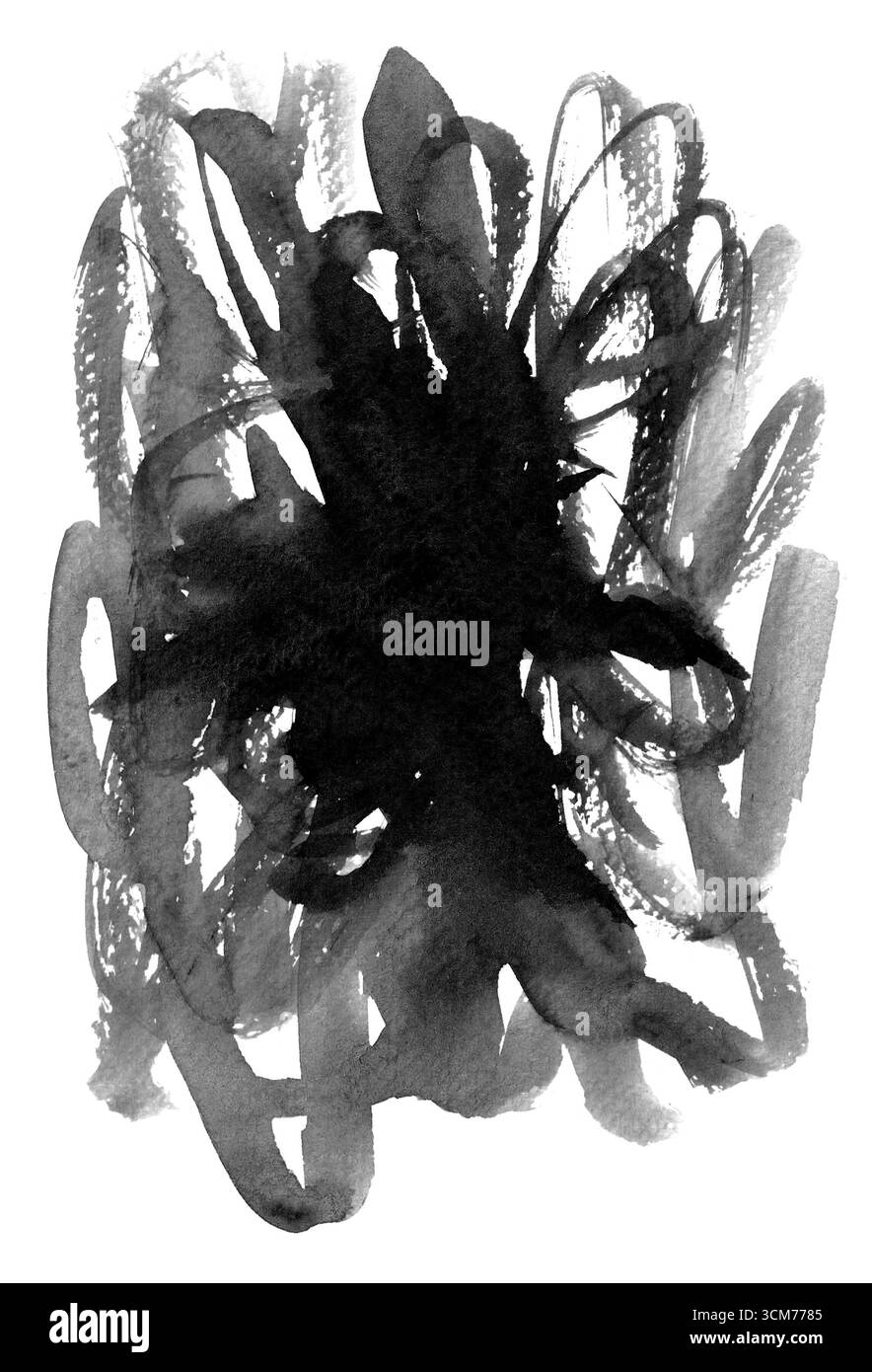 Abstrakter Tintenfleck auf weißem Hintergrund mit Strichen in Schwarz- und Grautönen. Dynamisches und ausdrucksstarkes Muster, das an Blume, Burst oder Feuerwerk erinnert. Emotionen, Stress, Kunsttherapie Stockfoto