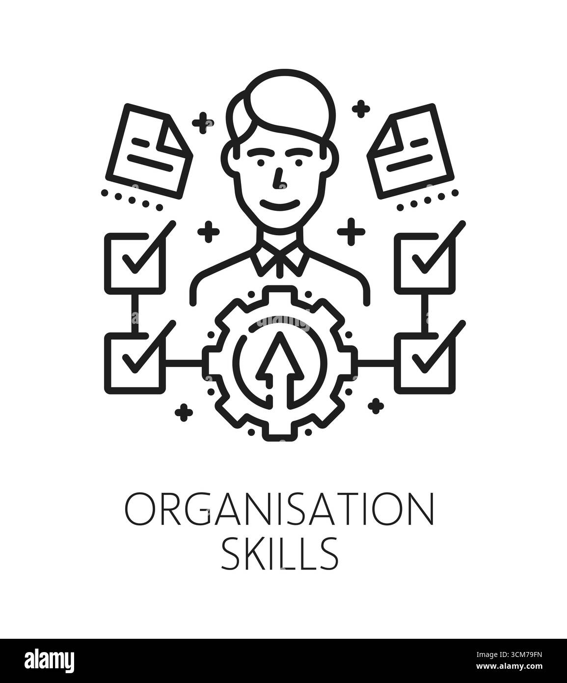 Symbol oder Emblem für die Linie „Life Skills“ im Unternehmen. Persönlichkeit Life Skills umreißen Vektorsymbol, menschliches Organisationsfähigkeitssymbol. Piktogramm für persönliche Qualität des Mitarbeiters mit Multitasking-Mann-Charakter Stock Vektor