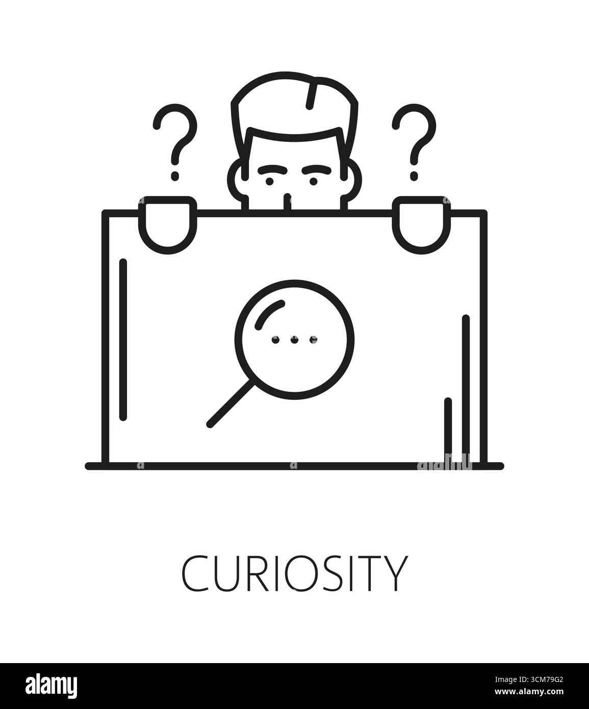 Symbol oder Emblem der Linie „Neugier“ und „Lebensfähigkeiten“. Persönlichkeitspotenzial dünne Linie Vektor Symbol, Menschen Neugier Fähigkeit Umrisszeichen. Piktogramm für persönliche Lebensfähigkeiten mit Manncharakter und Lupe Stock Vektor