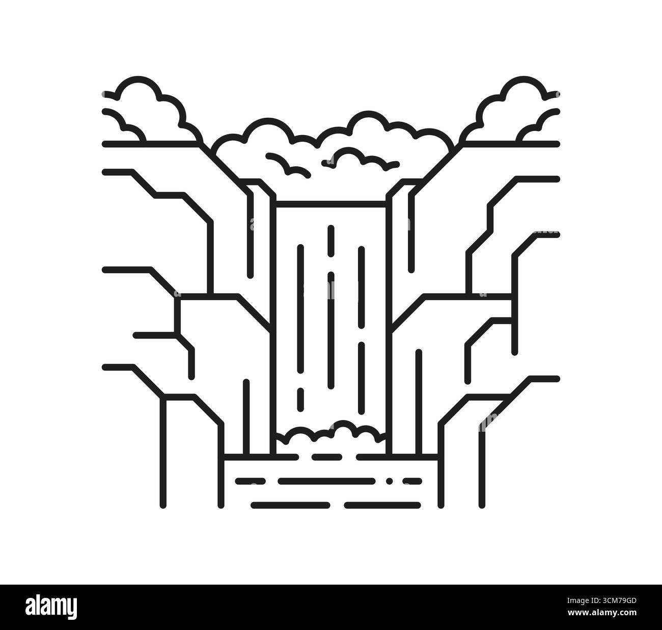 Bergwasserfall Kaskade Landschaft dünne Linie Symbol oder Symbol. National Park Umwelt Element Umrissvektor Symbol, Outdoor Szene Piktogramm. Wasserfall-Kaskade in Gebirgslinie Landschaftssymbol Stock Vektor