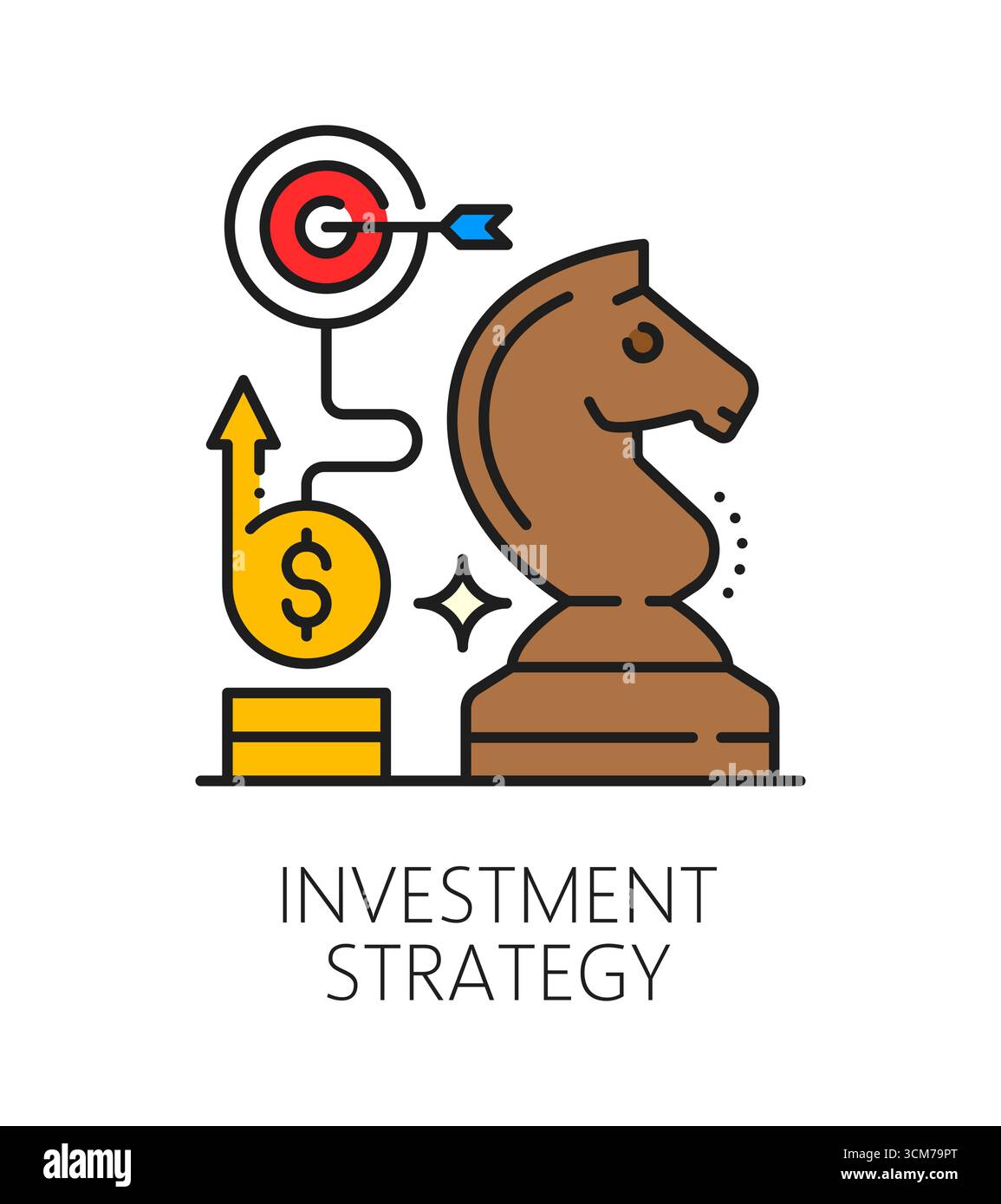 Investitionsstrategie, farbiges Symbol oder Symbol für Finanzierungslinien. Lineart-Vektor-Symbol für Business Trade Fund, Umrisszeichen für Investorenstrategie. Investitionspiktogramm mit Schachpferd, Goldmünzen und Ziel Stock Vektor
