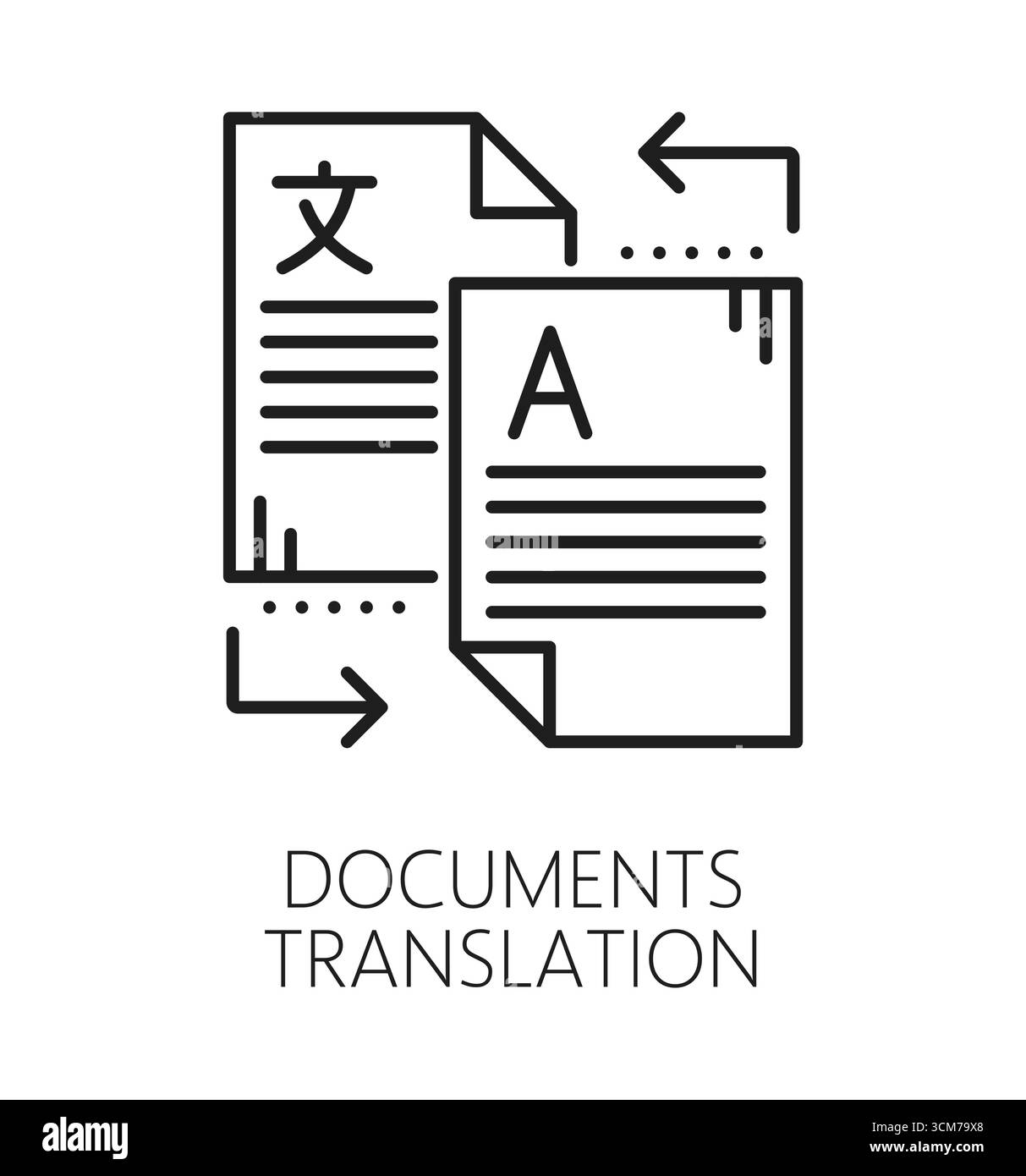 Zeilensymbol oder Emblem für englischsprachige Dokumente. Fremdvektorsymbol, Sprachwörterbuch-Zeichen. Englische Übersetzung dünnes Piktogramm mit zwei Dokumentseiten Stock Vektor