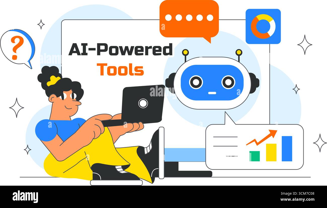 Illustration von KI Powered Tools mit KI Powered Data Analytics, Automated Information Research, Mobile Intelligent Interfaces und SEO Advertising Stock Vektor