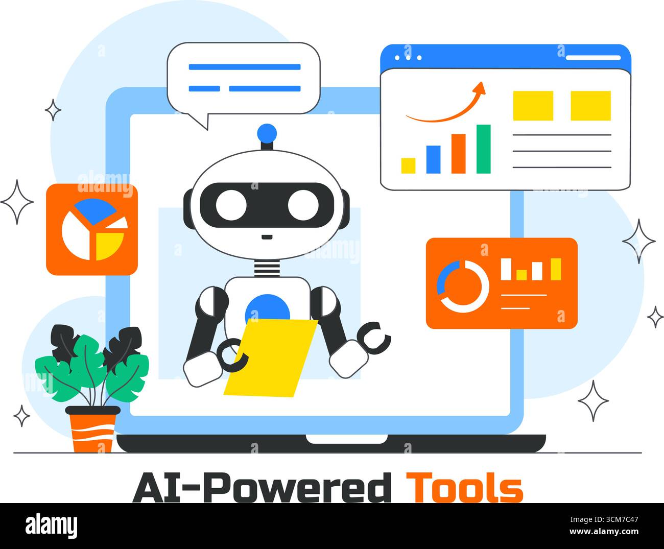 Illustration von KI Powered Tools mit KI Powered Data Analytics, Automated Information Research, Mobile Intelligent Interfaces und SEO Advertising Stock Vektor