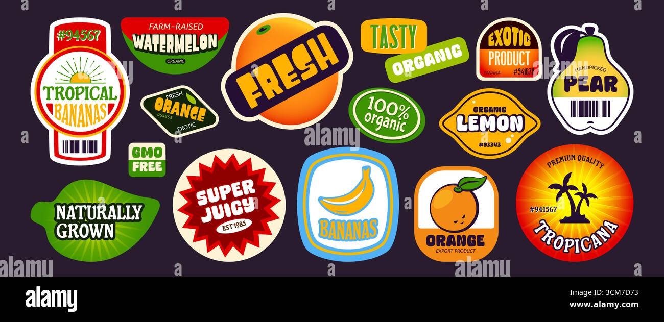 Retro-Aufkleber mit Bio-Früchten, isoliert auf schwarzem Hintergrund. Vektor-Illustration von kreativen Farbetiketten für frische Wassermelone, Orange, Birne, Zitrone, Banane, Lebensmittelqualitätsabzeichen, Marktmarken Stock Vektor