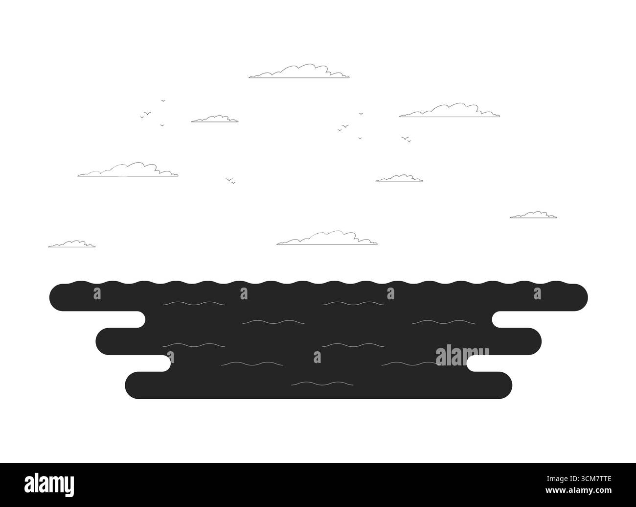 Ruhiger Ozean mit Wolken und hoch aufragenden Möwen umrahmt Illustration Stock Vektor