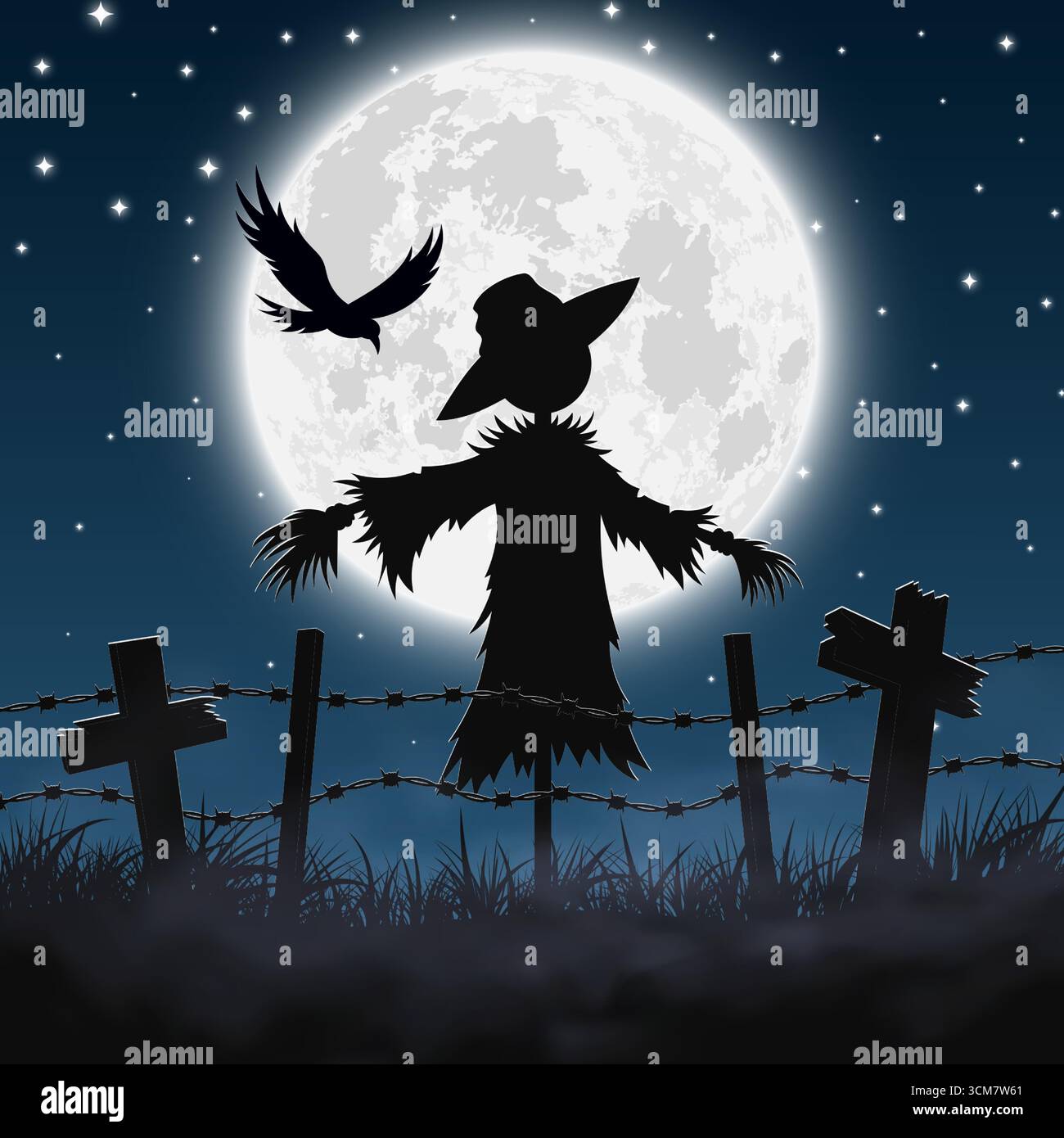 Eine Vektor-Illustration einer gruseligen Vogelscheuchen-Silhouette mit einer fliegenden Krähe vor einem großen Vollmond und Sternenhimmel Stock Vektor