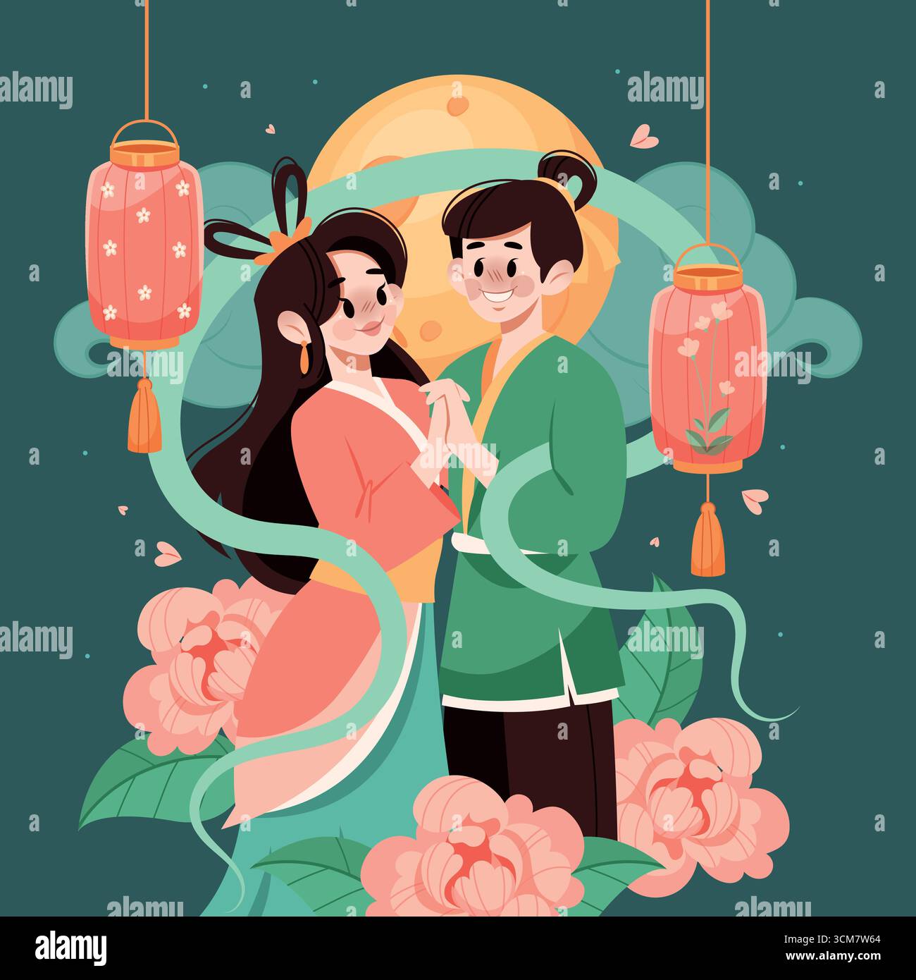 Chinesisches Mid Autumn Moon Festival und traditionelle Laternen Komposition Stock Vektor