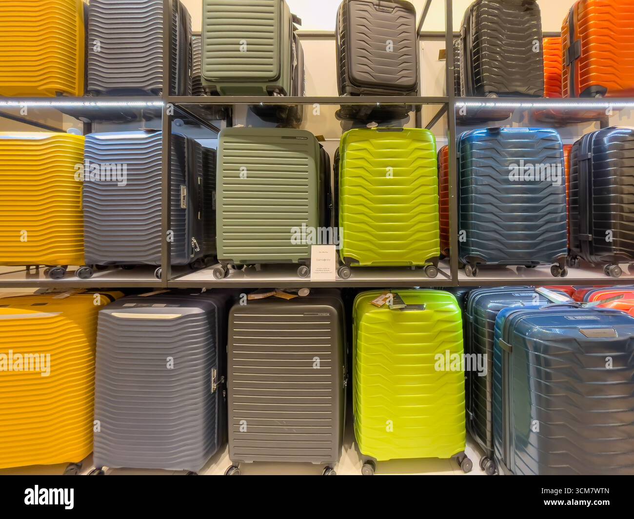 Deutschland Berlin 09.13.2025. Bunte Koffer in Gelb, Grün, Blau und Schwarz, die ordentlich im Regal ausgestellt sind. Moderne Reisetaschen für jeden Geschmack. Stockfoto