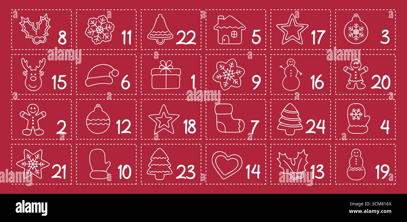 Bunter kindlicher Adventskalender 24 verschiedene Motive Vektor-Illustration Stock Vektor