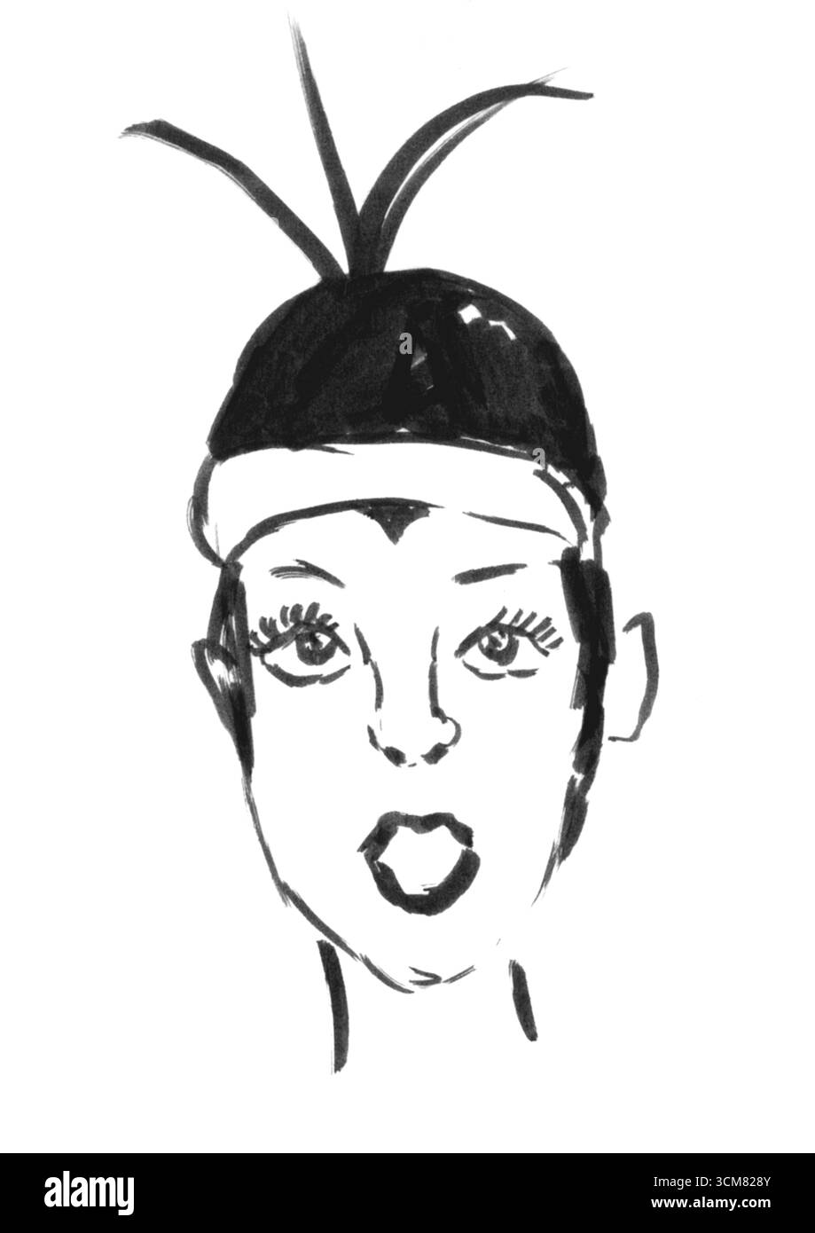 Ausdrucksstarkes Schwarzweiß-Porträt von Liza Minnelli mit dynamischen Linien und verspielter Energie. Spiegelt das Charisma und den theatralischen Geist des legendären Sängers wider. Stockfoto