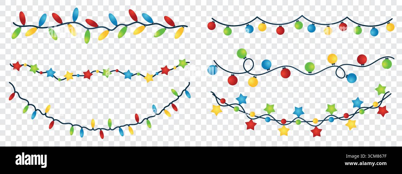 Große Weihnachtsgirlanden. Mehrfarbige Lichter isoliert. Garland aus Glühbirnen. Flaches Design. Weißer Hintergrund. Vektor. Stock Vektor