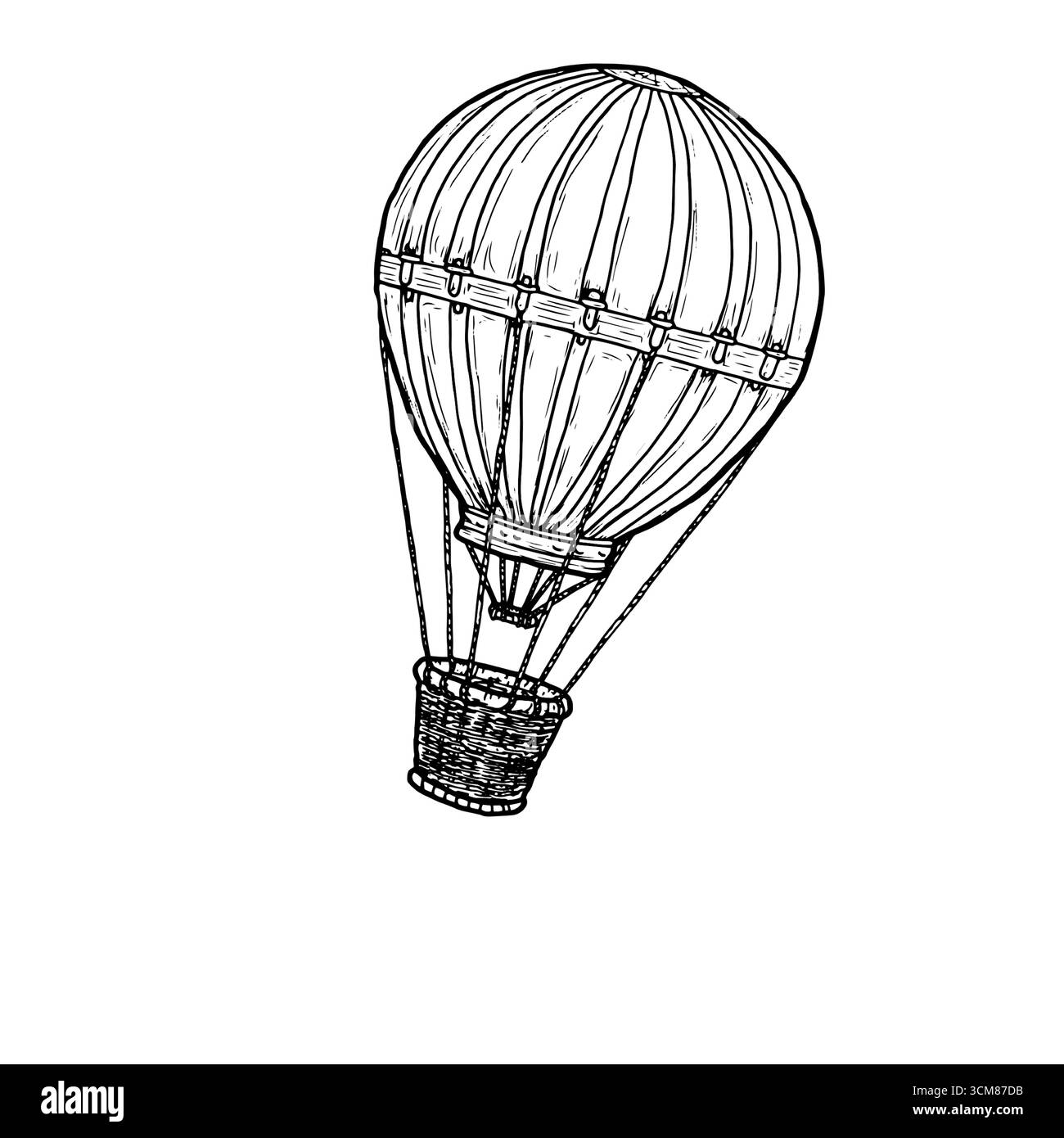 Ballon mit einem Korb, Skizze mit schwarzer und weißer Tinte. Vektorabbildung. Fliegendes Spielzeug für Kinder, isoliert auf weißem Hintergrund. Für Postkarten, c Stock Vektor
