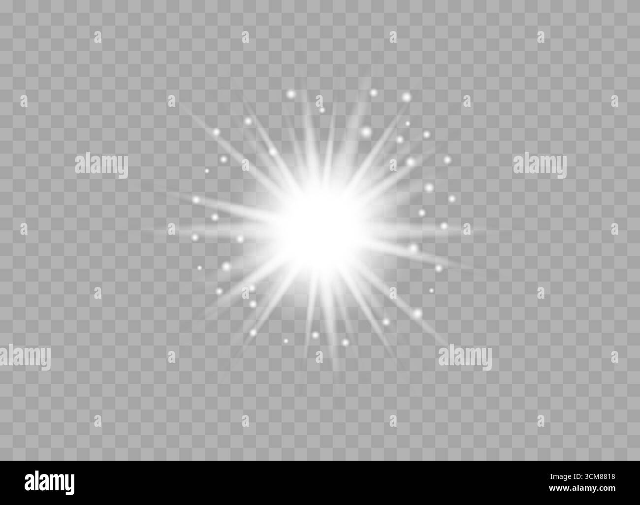 Helles weißes Licht Burst auf transparentem Hintergrund mit strahlenden Strahlen. Stock Vektor