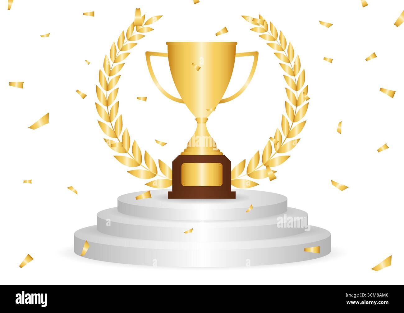 Golden Trophy Cup oder Winner Cup Award auf dem Podium. Siegerpodest. Champion und Sieger oder Celebration-Konzept. Vektorabbildung. Stock Vektor