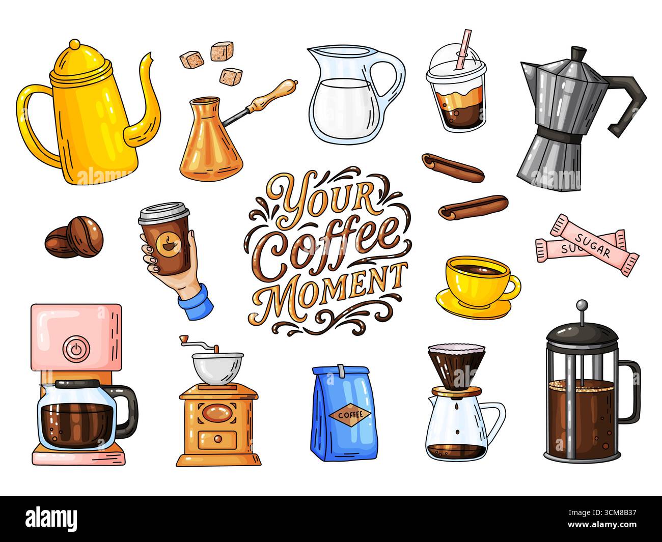 Umfassende Sammlung von handgezeichneten Doodle Illustrationen mit verschiedenen Kaffeeartikeln. Lebendige digitale Kunstwerke wie Kaffeebohnen, Tasse Stock Vektor