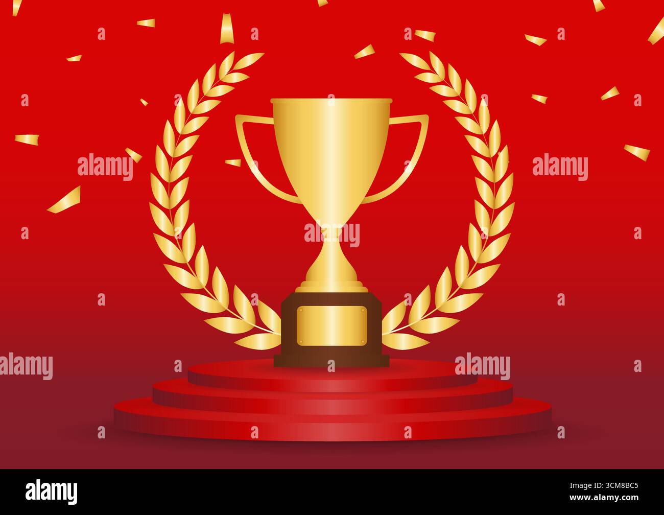 Golden Trophy Cup oder Winner Cup Award auf dem Podium. Siegerpodest. Champion und Sieger oder Celebration-Konzept. Vektorabbildung. Stock Vektor