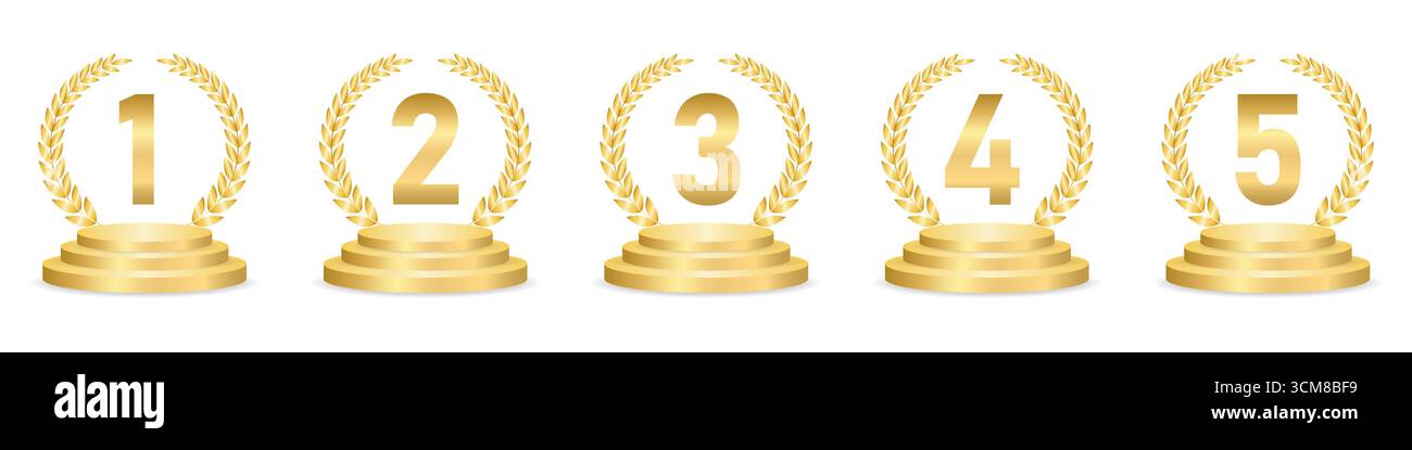 Set der Golden Number Award auf der Podiumsbühne. Rangfolge 1 2 3 4 5. Vektorillustration isoliert auf weißem Hintergrund. Stock Vektor