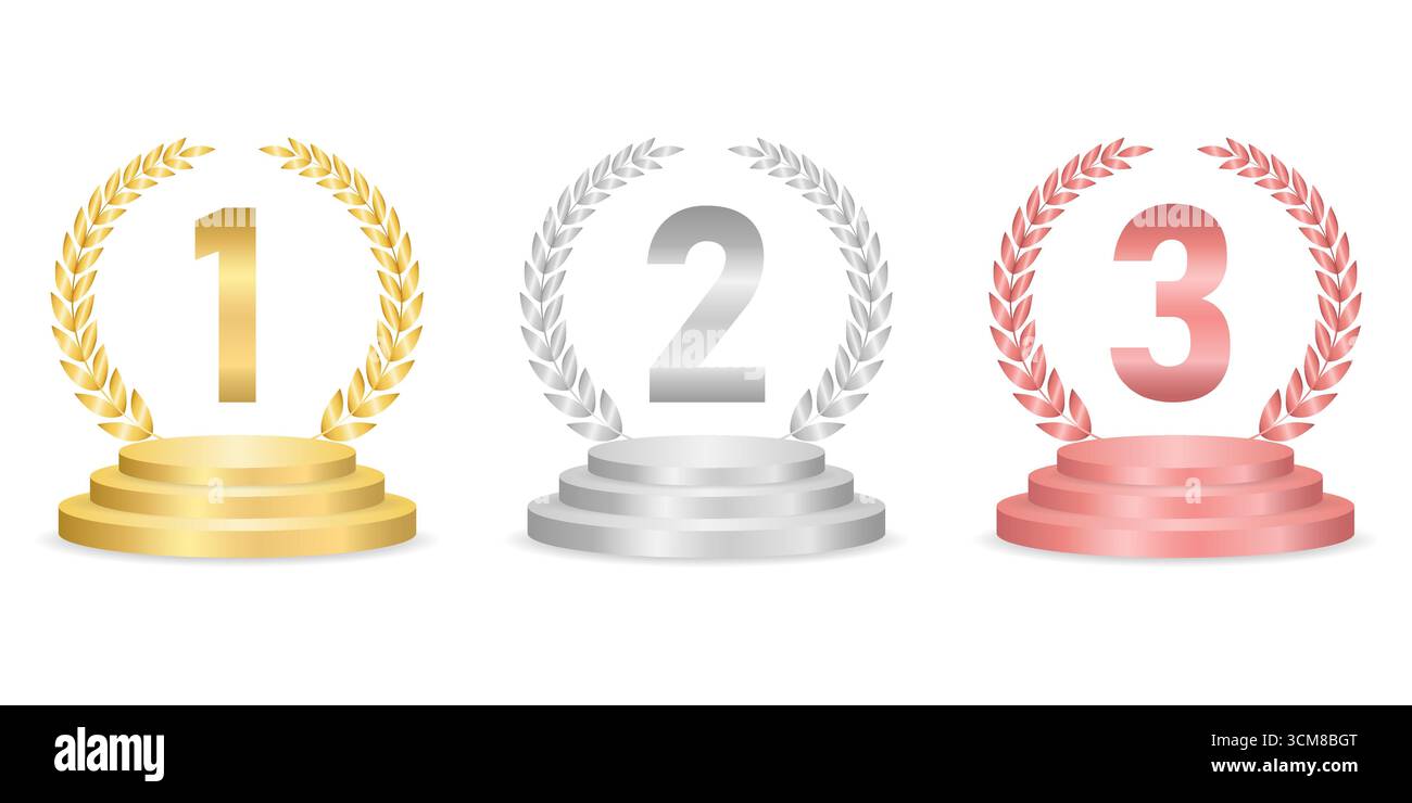 Set des Goldenen Preises auf der Podiumsbühne. Erster, zweiter und dritter Platz. Gold, Silber und Bronze. Vektorillustration isoliert auf weißem Hintergrund. Stock Vektor