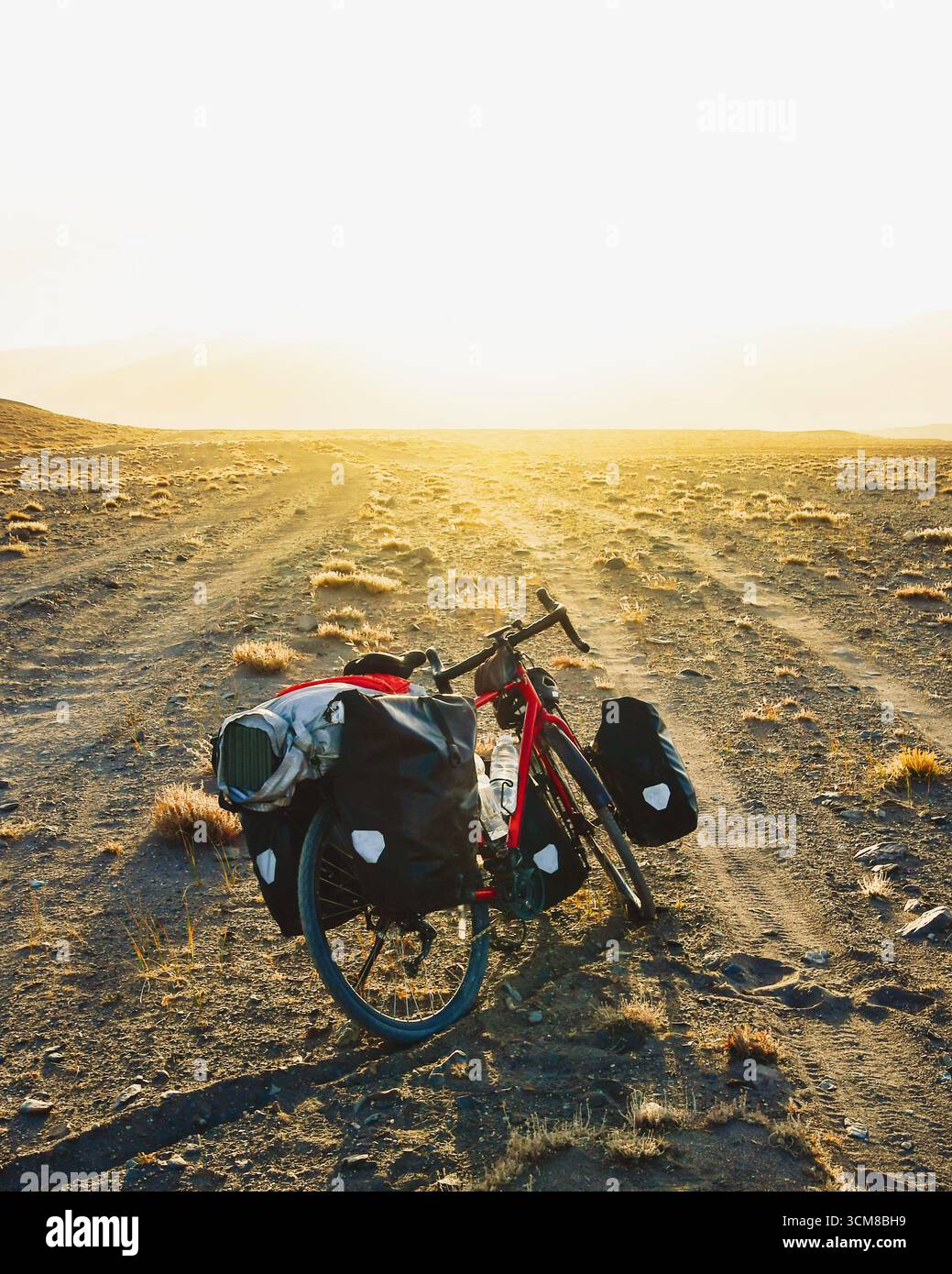 Rotes Tourenrad mit schwerem Gepäck in vier Gepäcktaschen steht an der Schotterstraße, umgeben von wilden, trockenen Bergen, alpiner Natur im Freien. Stockfoto