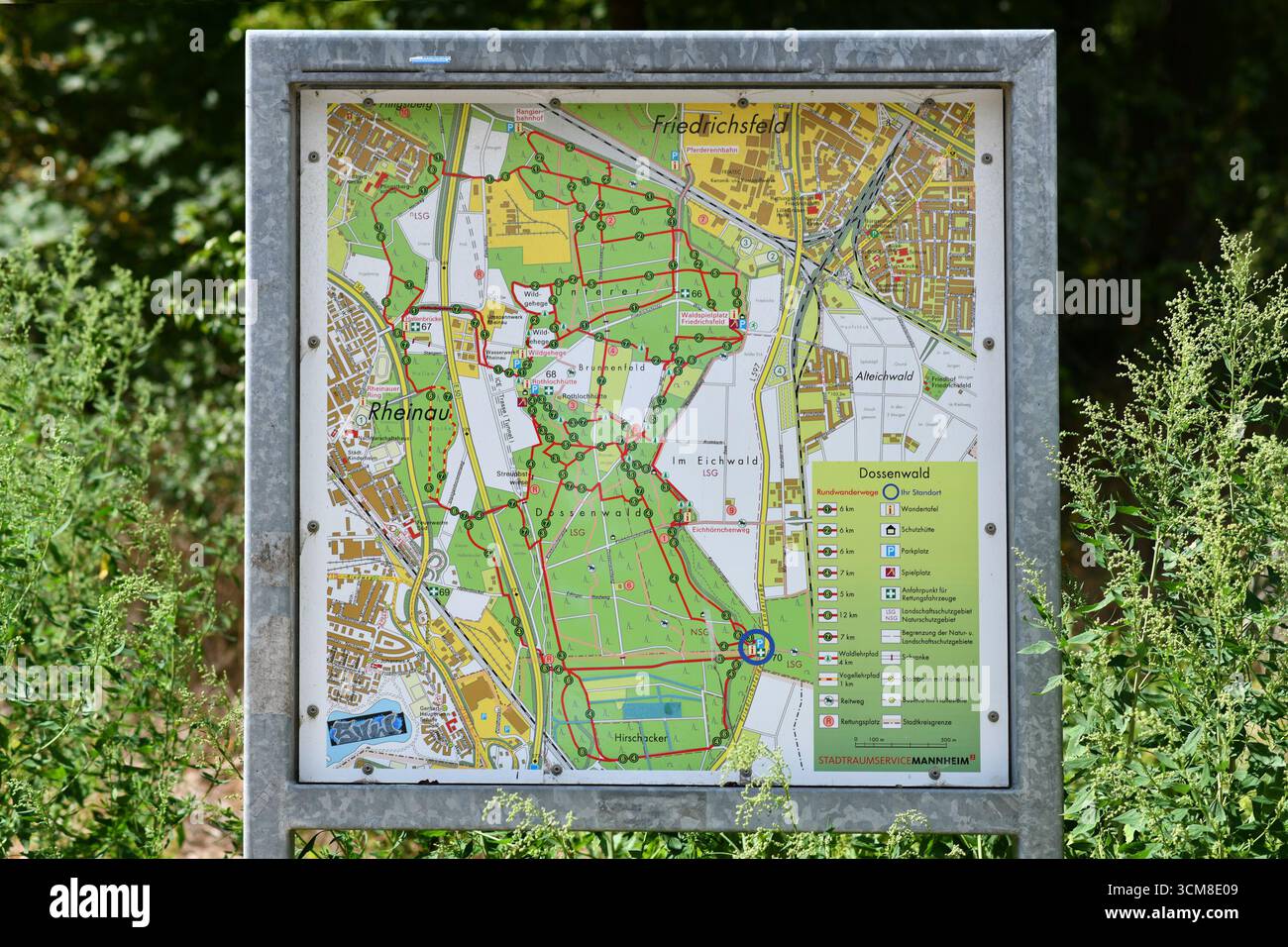 Mannheim, Deutschland - 31. August 2025: Hinweisschild mit Karte des Dossenwaldes in Mannheim Stockfoto