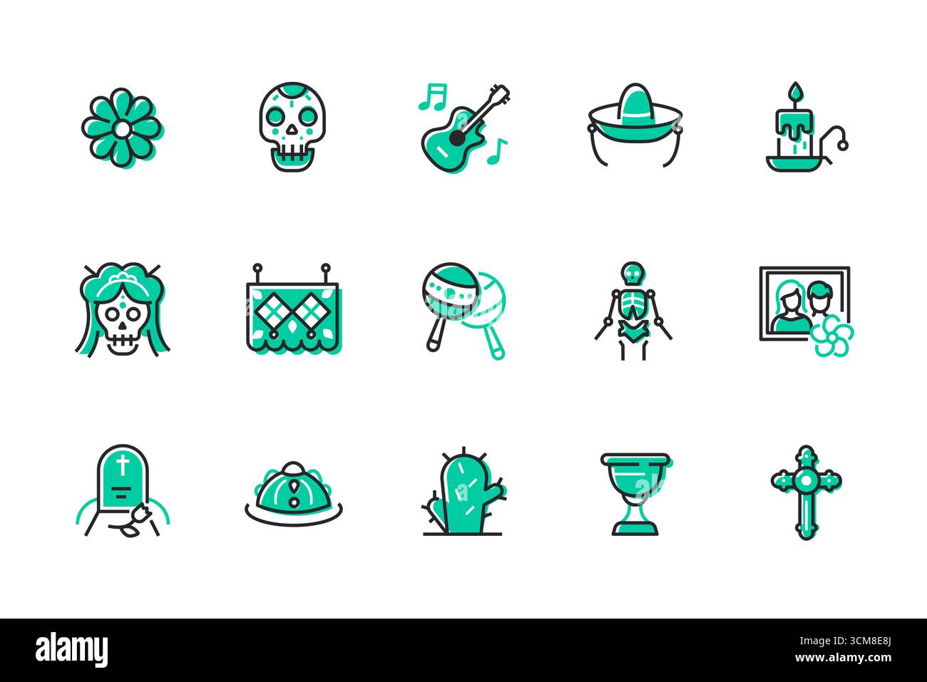 Dia de los Muertos – Set mit Symbolen im Liniendesign Stock Vektor