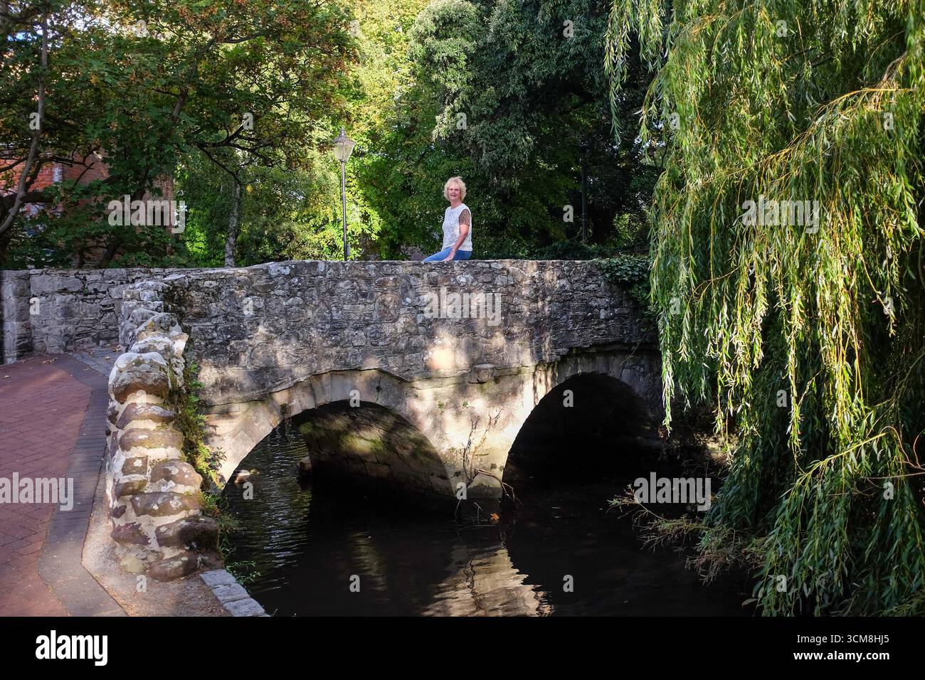 Weibliche Touristen genießen die Aussicht von einer Brücke am Schloss in Christchurch bei Bournemouth Stockfoto