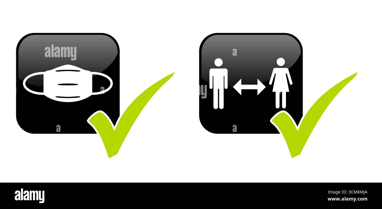 Corona-Regeln: Tragen Sie eine Maske und halten Sie Abstand - zwei Knöpfe zeigen Hygienekonzept Stockfoto