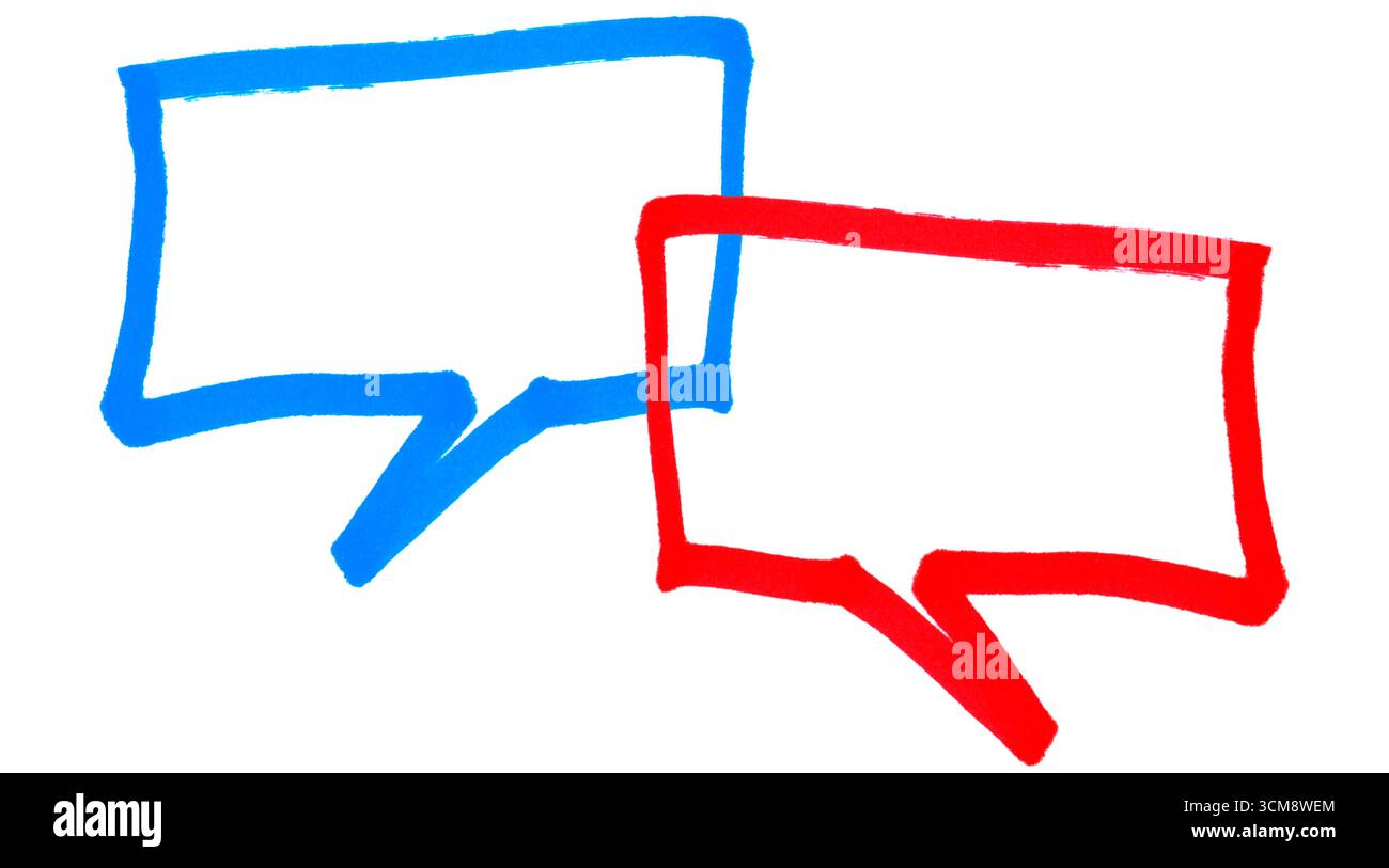 Zwei handgemalte leere Sprechblasen in Blau und Rot als Zeichen für Dialog, Forum, Konversation, Chat oder Ratschläge Stockfoto Zwei handgemalte leere Sprechblasen in Blau und Rot als Zeichen für Dialog, Forum, Konversation, Chat oder Ratschläge Stockfoto