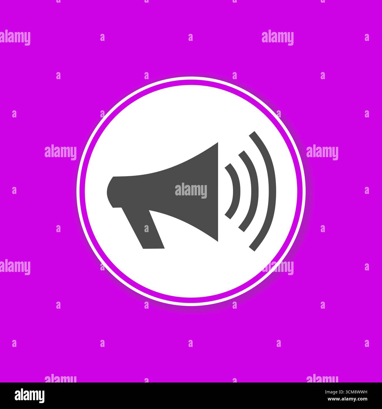 Rosafarbenes Hintergrundbanner mit Megaphon-Symbol im weißen Kreis als Zeichen für Hinweise, Ankündigungen oder Werbung Stockfoto